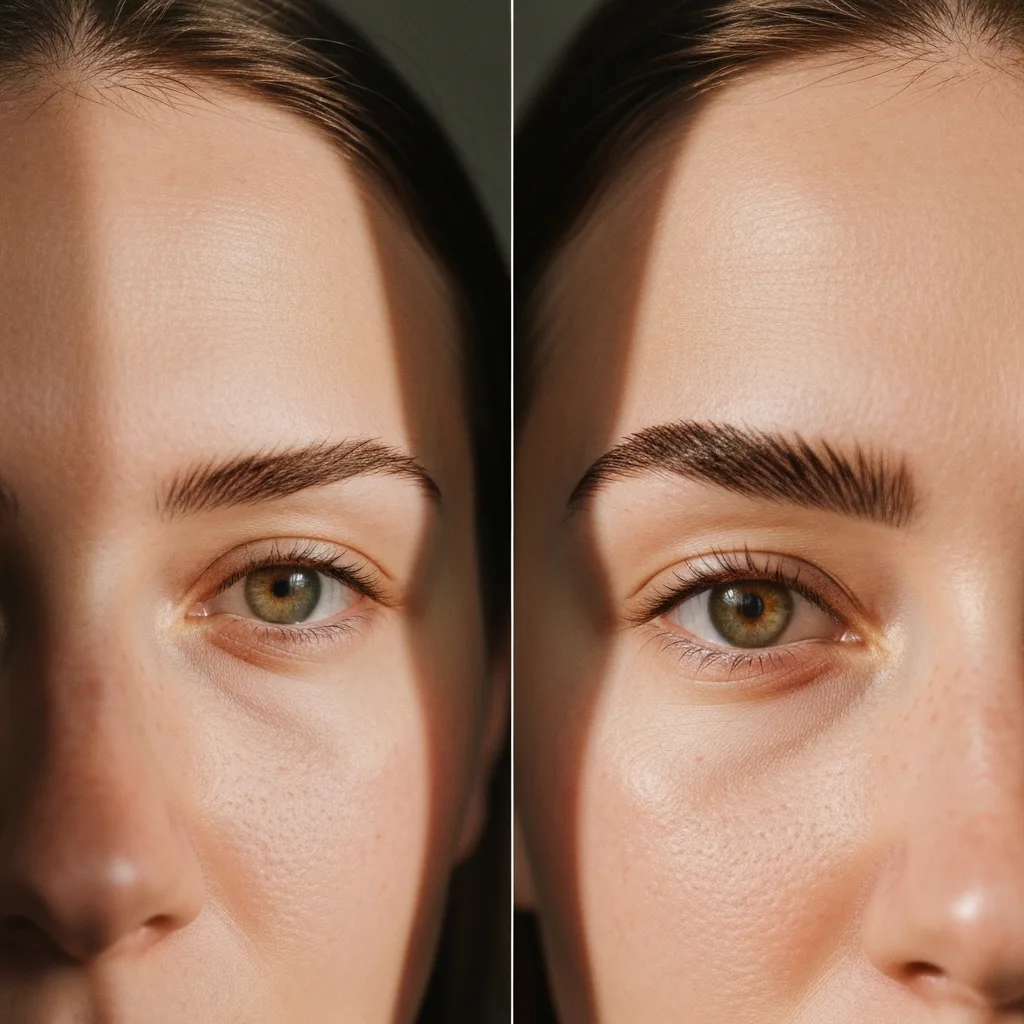 Browlift avant après sur sourcils fins : le regard remonte après rehaussement de sourcils
