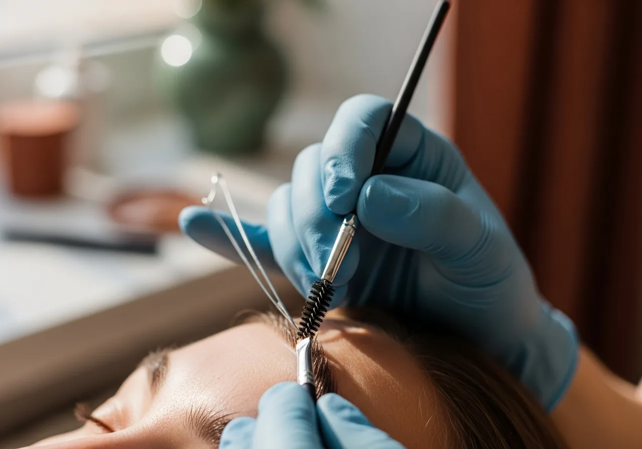 Gros plan des mains d'une formatrice tenant une brosse de browlift pendant un geste de rehaussement de sourcils