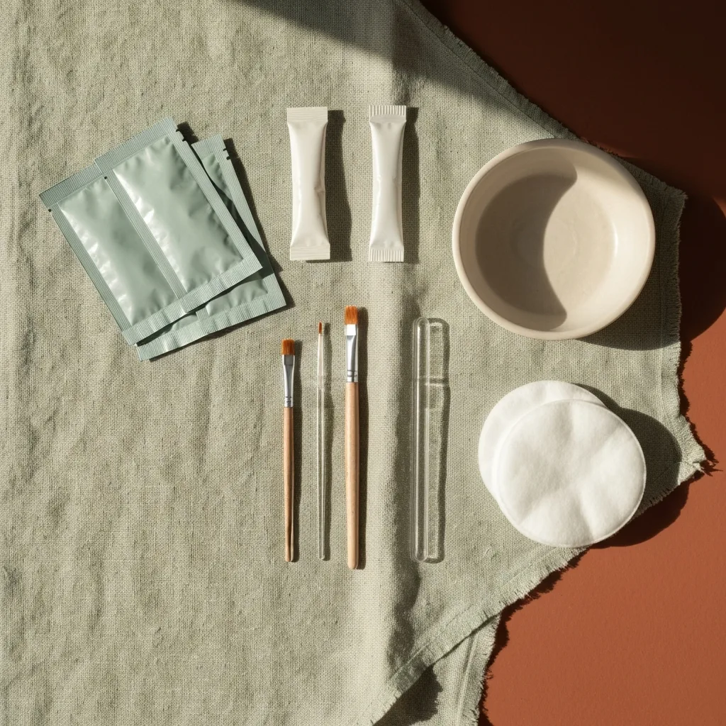 Kit de matériel professionnel de browlift : lotions, brosses et baume sur lin
